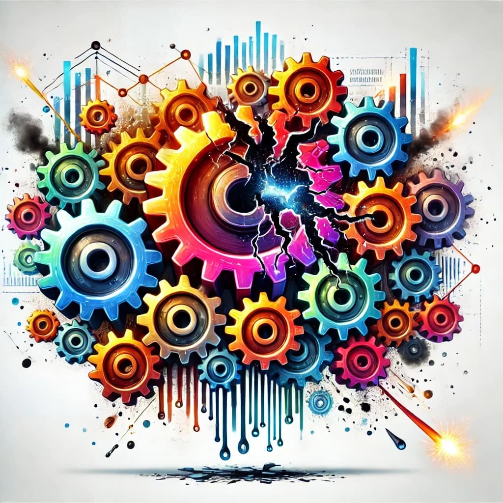 A vibrant digital illustration of interconnected gears in various colors, symbolizing a complex marketing automation system. At the center, a large gear is breaking apart, with sparks and cracks radiating outward, representing common marketing automation mistakes that disrupt workflows and efficiency.