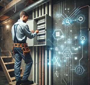 Electrician in uniform repairing a fuse box in a home basement, with subtle digital elements representing electrician marketing, electrical contractor marketing, and business growth strategies. The scene blends modern technology with professional electrical services.