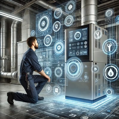 A futuristic HVAC technician kneeling beside a high-tech smart furnace, analyzing digital diagnostics and system performance through an advanced holographic interface. Ideal for illustrating modern HVAC marketing strategies