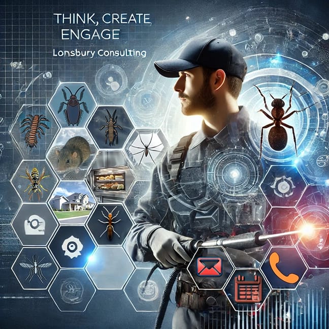 Futuristic pest control technician and with icons representing pests illustrating modern pest control marketing strategies for businesses looking to generate more leads and increase customer engagement.